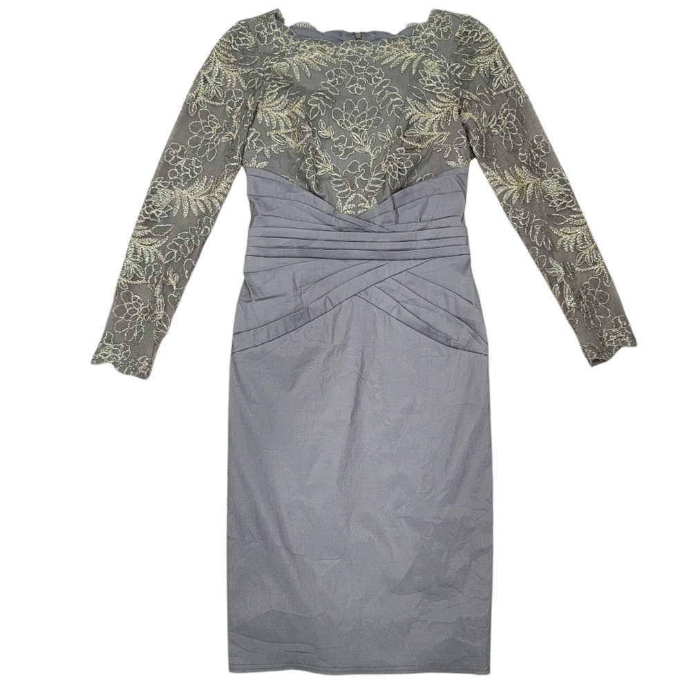 NWT Tadashi Shoji Long-sleeve Cocktail Dress Pleated Lace Embroidered Wo…